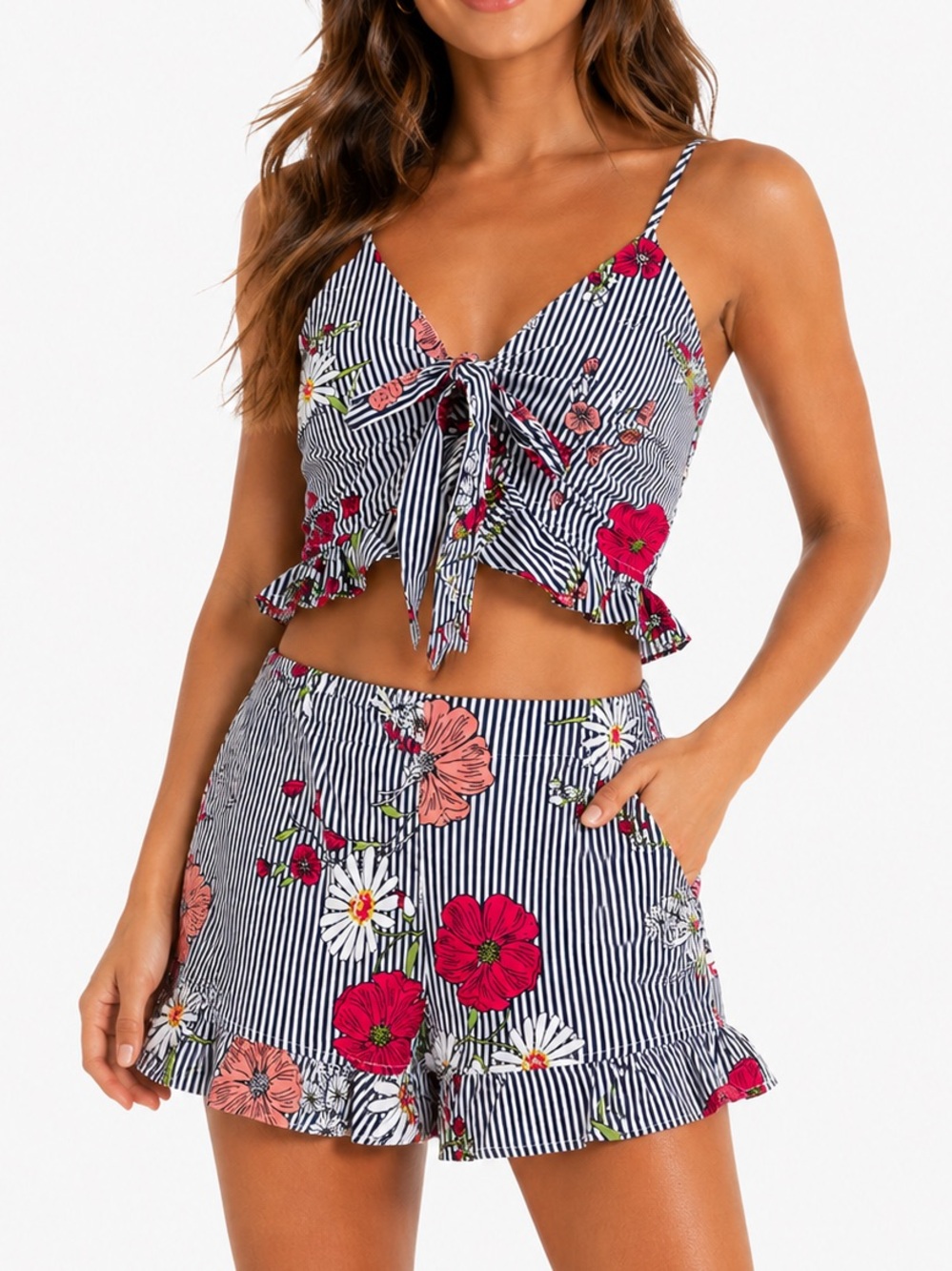 TRAC Floral Stripe Two Piece Set Ruffle Shorts & Tie Front Crop Top S
